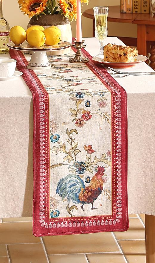 patdrea Designer Farmhouse Linen Table Runner, Rustic Cottage Mauve with Rooster and Floral Pattern Fabric Table Mat, Decoration for Kitchen Dining Coffee Table Banquet Christmas , 12"*87"