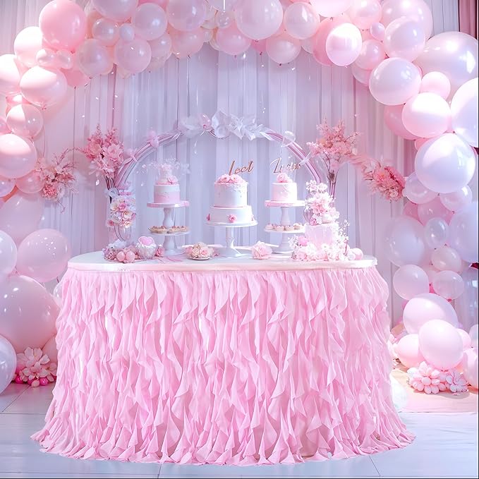 PARTISKY Pink Tulle Curly Willow Table Skirt for Rectangle Table 6ft, Ruffle Tutu Table Cloth for Girls Baby Shower,Birthday Party Candy Cake Tables