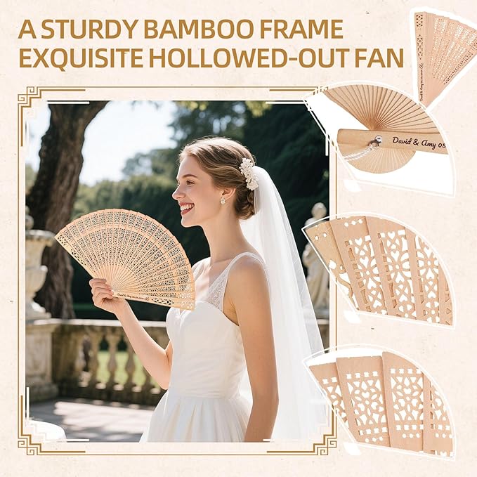 1pc Personalized Wedding Fans for Guests - Custom Wooden Hand Fans with Names/Dates - Bulk Wedding Favors for Bridal Shower, Baby Shower & Parties (Wood, 1pc)