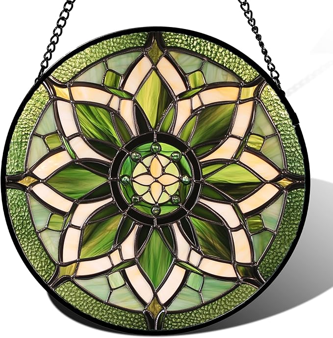 Stained Glass Window Hanging - White Green Boho Flower Suncatcher for Doors Window Home Sun Catchers Decor Christmas Mother's Day Birthday Gifts for Teacher Women Men Mom Nana 15 in