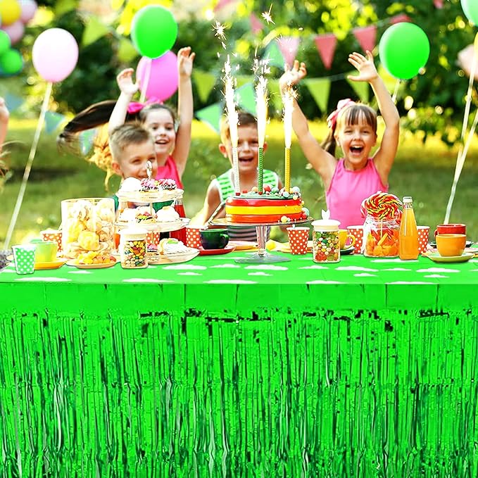 4 Pack 29x108 Inch Metallic Foil Fringe Tinsel Table Skirts for Rectangle Tables Streamer Curtains Backdrop for Wedding, Birthday, Parade Floats, Christmas, Halloween Party Decoration(Green)