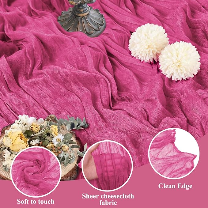 Asee'm 6pcs Cheesecloth Table Runner 120 Inches Long Deep Pink Boho Gauze Cheese Cloth Runner 10FT Rustic Sheer Table Runners for Christmas Wedding Party Baby Shower Spring Easter Decoration