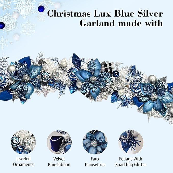 5 ft Christmas Garland for Mantle Unlit Garland for Stairs Railing, Banister, Staircase, Fireplace, for Table No Light, Garland Decor Frosted Red Poinsettia Holiday Tree (Lux Blue Silver)