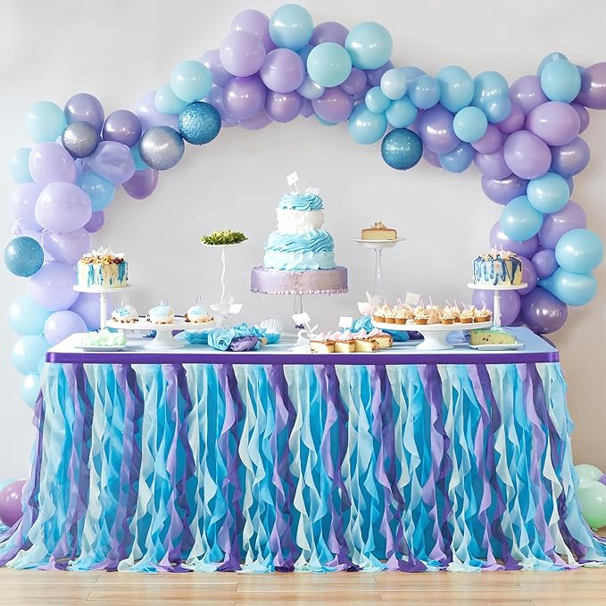 Partisky Mermaid Tulle Tutu Ruffle Curly Willow Table Skirt for Rectangle Table 14ft, Mermaid Themed Party Table Cloth for Girls Birthday Party or Baby Shower