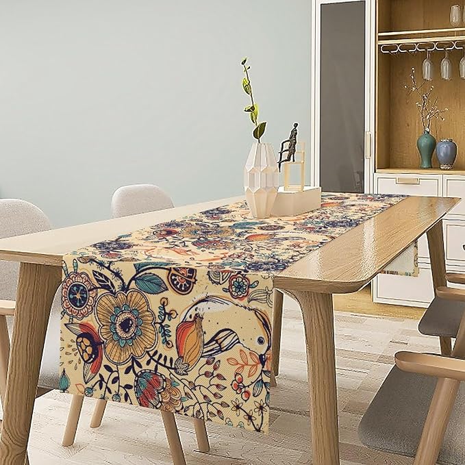 Vintage Paisley Table Runner, Boho Beige Paisley Flower Leaves Print Table Runner for Home Party Patio Indoor Outdoor, 13x60inch