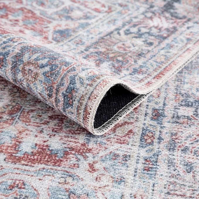 Bloom Rugs Caria Washable Non-Slip 3x5 Rug - Brick/Dark Blue Traditional Area Rug for Living Room, Bedroom, Dining Room, and Kitchen - Exact Size: 3' x 5'