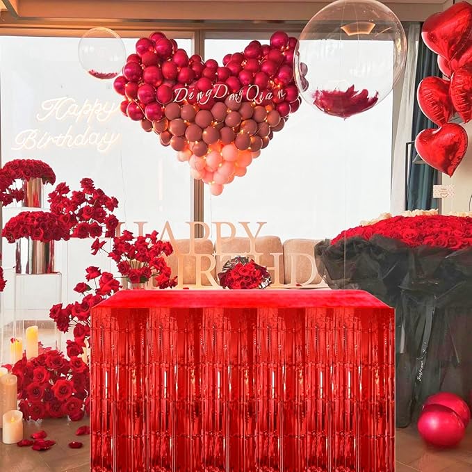 Red Streamers Party Decorations, 2 Packs Red Table Skirts Metallic Foil Fringe Tinsel for Birthday Graduation Valentine's Day Carnival Casino Wedding Float Parade Party Supplies - 29x108 Inch