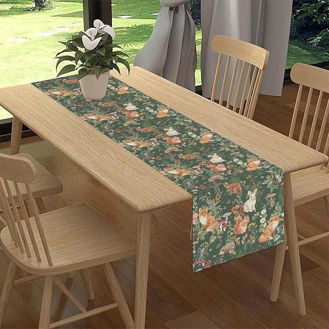 Rustic Forest Table Runner, Farmhouse Wild Woodland Animals Country Fox Rabbits Mushroom Botanical Green Table Center Decor for Home Kitchen Dining Patio Holiday Party, 13"x36" Inch