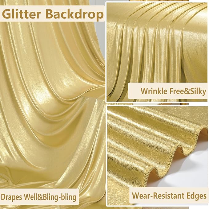 20ft x 10 ft Glitter Gold Backdrop Curtain for Parties, Wrinkle Free Non-See Through Not Fall-Off Sequin Gold Shimmer Photo Backdrop Drapes for Graduation Photography Background Cloth-4 Panels 5x10ft