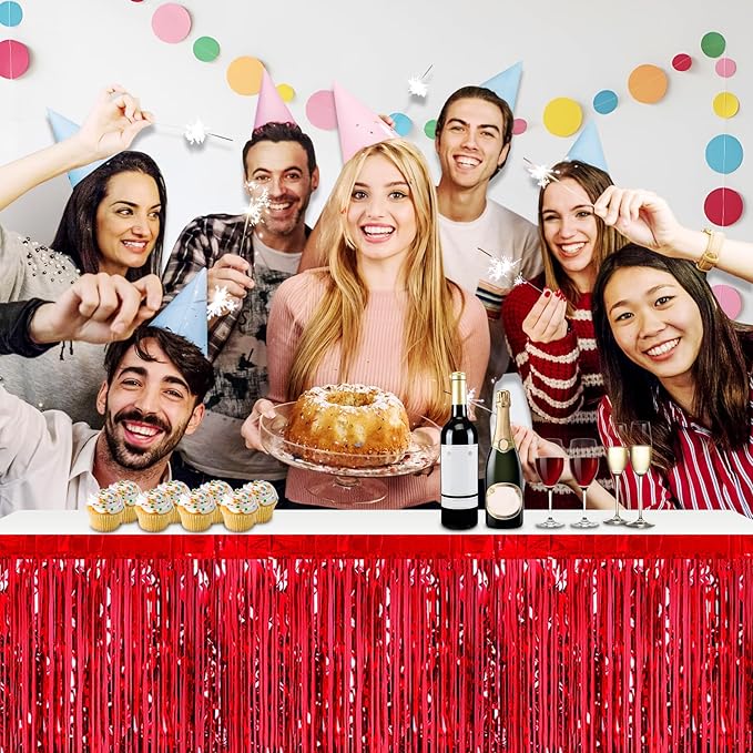3 Pack 29x108 Inch Red Foil Fringe Table Skirts Metallic Banner for Tinsel Streamer Garland Backdrop for Parade Floats Wedding Thanksgiving Birthday Christmas Halloween Party Decoration