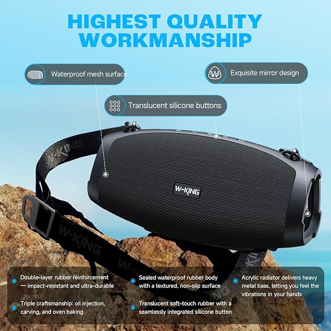 W-KING 120W Max Portable Speakers Bluetooth Wireless, IPX6 Waterproof Loud Bluetooth Speaker Boombox, Triple Passive Radiator/Subwoofer*2-70W Deep Bass/DSP/2 Pairing/42H/EQ/Party Large Outdoor Speaker