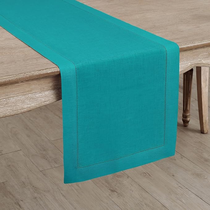 Solino Home Linen Hemstitch Table Runner 90 Inches Long - 100% Pure Linen Teal Table Runner 14 x 90 Inch for Fall, Autumn, Thanksgiving, Christmas - Classic Hemstitch