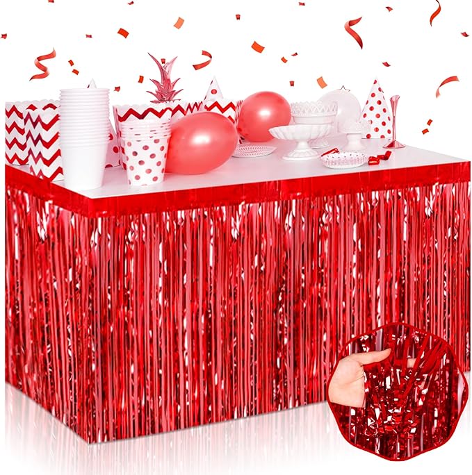3 Pack 29 x108 Inch Red Foil Fringe Table Skirts Metallic Banner for Tinsel Streamer Garland Backdrop for Parade Floats Wedding Thanksgiving Birthday Christmas Halloween New Year Party Decoration
