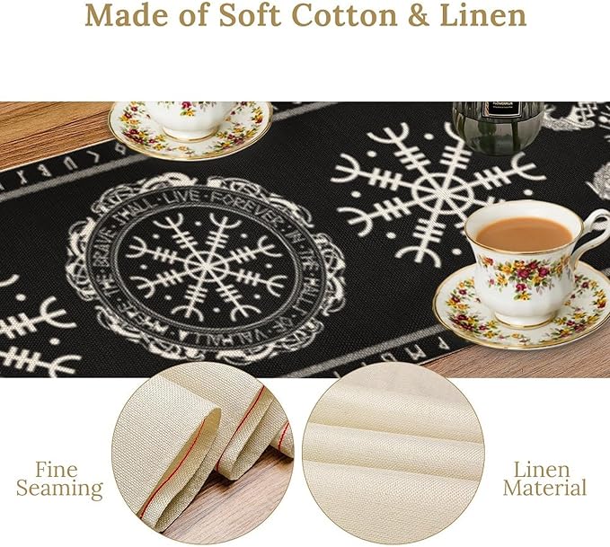 Ancient Abstract Pattern Table Runner, Tree of Life Eagle Dragon Boat Rudder Black and White Table Runner for Party Kitchen Dinner Cafe Bedroom Living Room Table Runner 13x120 Inch