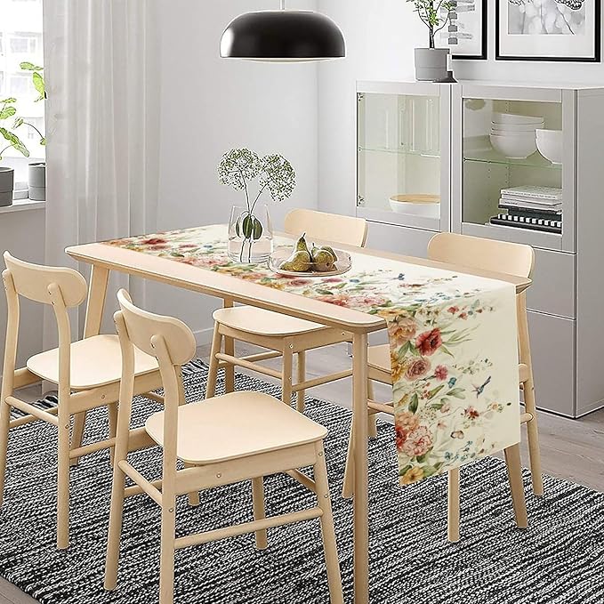 Rustic Floral Table Runner, Watercolor Flower Leaves Hummingbird Butterfly Farmhouse Kitchen Dinning Table Runner for Indoor Outdoor Home Wedding Party Holiday, 13x108 Inch