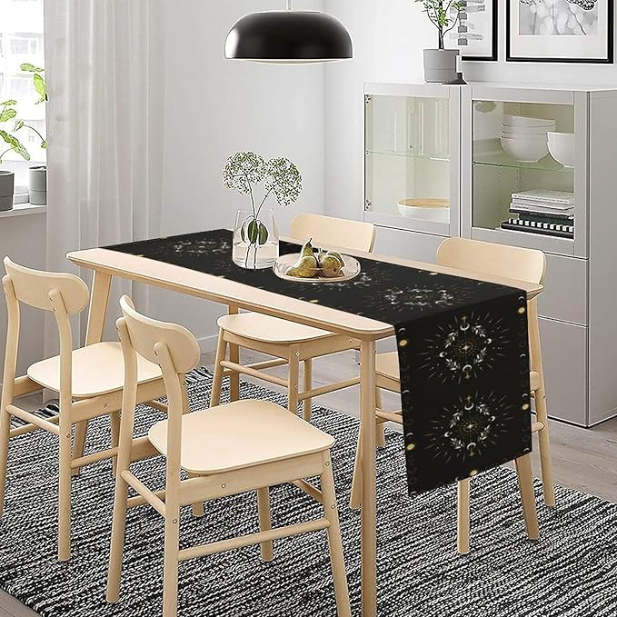 Sun Moon Table Runner - Magical Leaves Mysterious Western Traditional Elements Black White Table Runner for Party Living Room Home Kitchen Dinner - 13x70 Inch