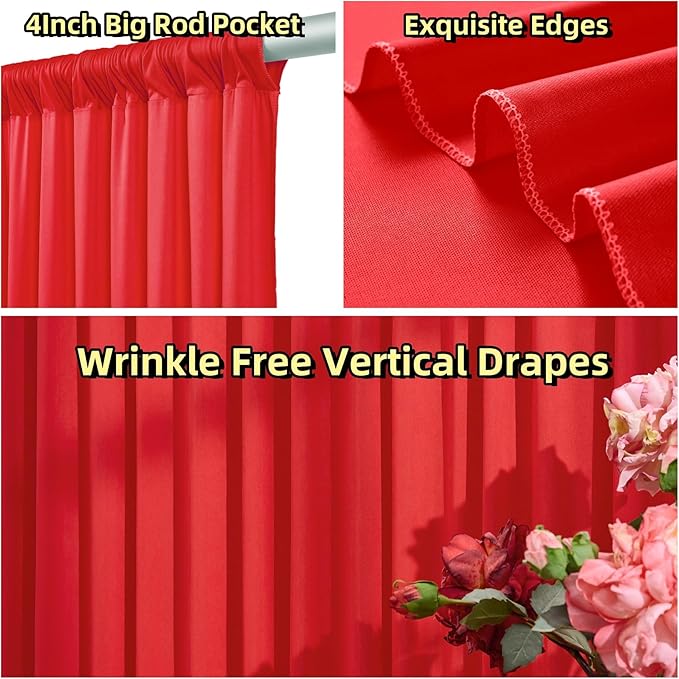 Outpain 30 ft x 8 ft Red Backdrop Curtain Panels, 6 Panels 5 ft x 8 ft Wrinkle Free Polyester Photography Backdrop Drapes, Wedding Party Home Decoration Supplies