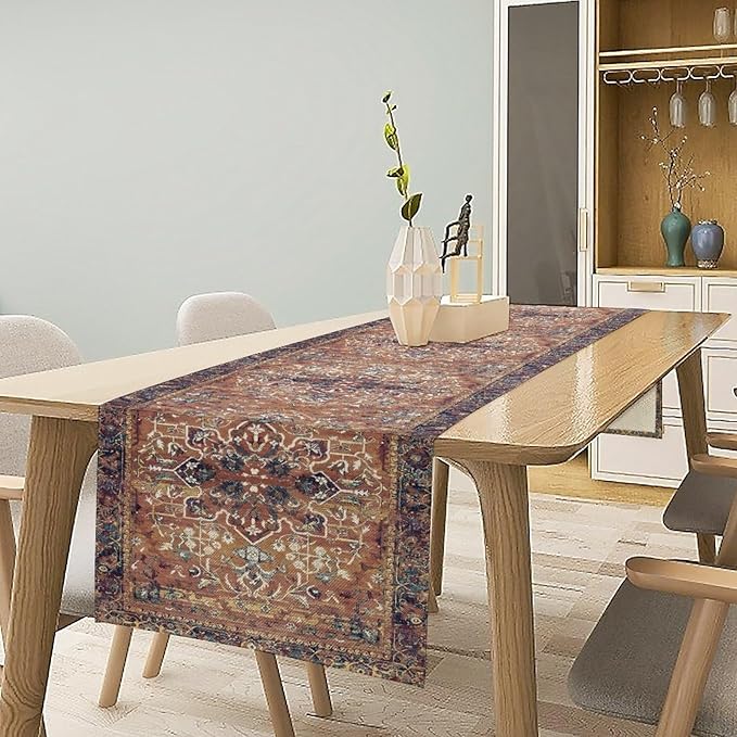 Boho Floral Vintage Table Runner, Purple Brown Retro Flower Rustic Country Farmhouse Abstract Pattern for Home Kitchen Table Decor Dining Coffee Room Party Decor 13x72in