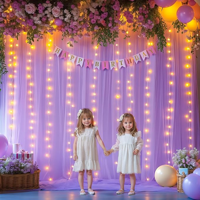 5x8ft (2 pieces) Lavender Tulle Backdrop Curtains with Lights for Party Wedding Baby Shower, Sheer Drape Backdrop Curtains for Birthday Party Photo Booth Background Decoration