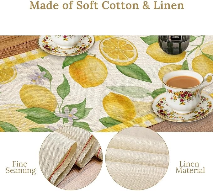 Lemon Table Runner,Yellow White Buffalo Plaid Summer Table Runner for Kitchen Dining Table Home Party Decoration 13x120 Inch