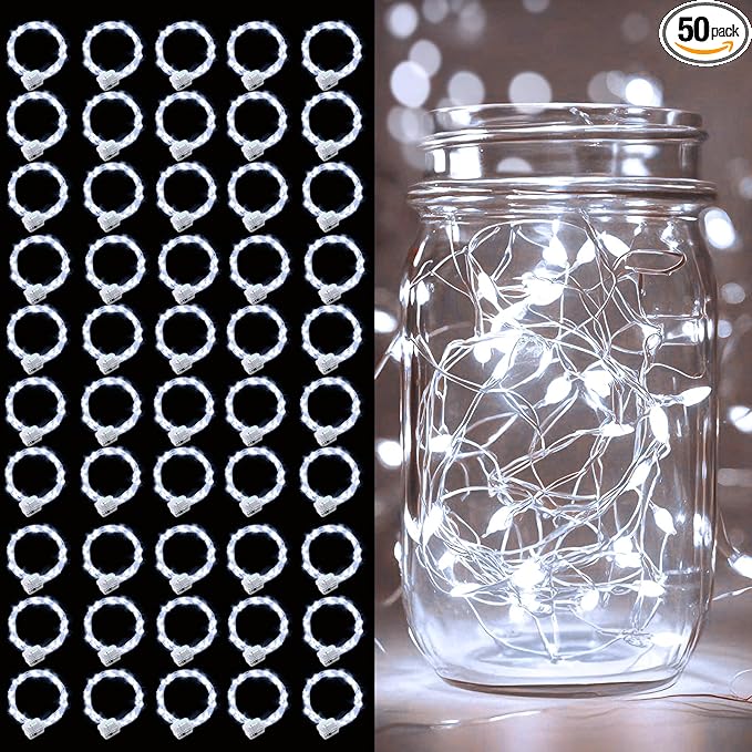 pozzolanas 50 Pack White Battery Operated String Lights - 7ft Waterproof Fairy Lights with 20 LEDs for Home, Mason Jar, Party, Wedding, Halloween, Christmas Decorations