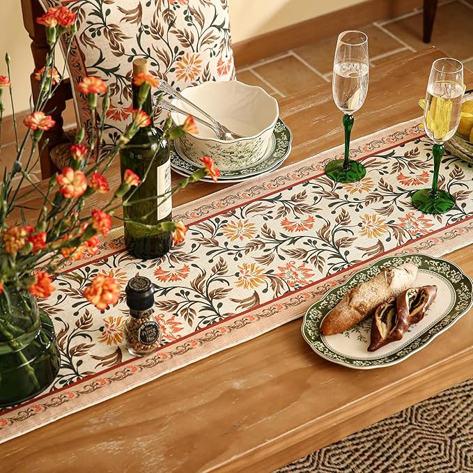 ISAENNE Designer French Elegant Linen Table Runner 71 Inches Long,Farmhouse Lily Pattern Decor Table Runners for Dining Tables,Thanksgiving,Kitchen Tables,Christmas,12"*71"-Aurora A