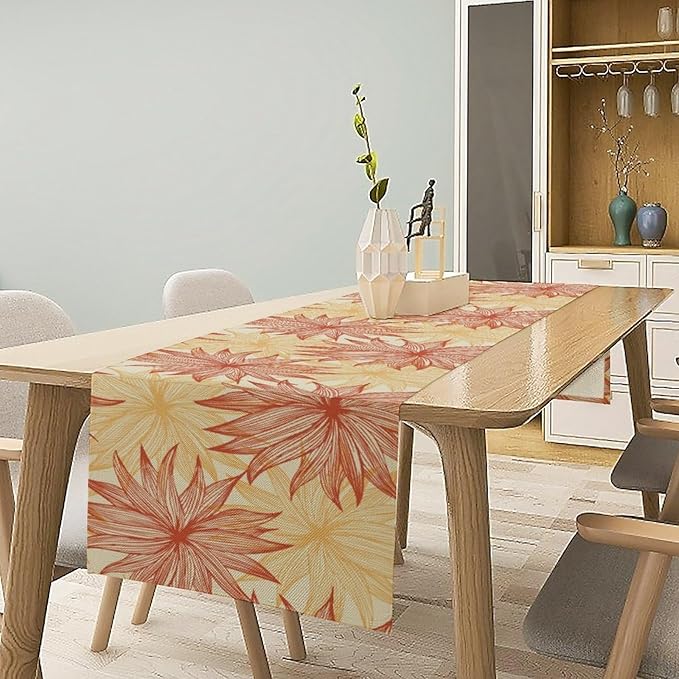Autumn Chrysanthemum Table Runner, Vintage Modern Geometric Floral Boho Table Runner for Kitchen Dining Bedroom Living Room Table Decor for Indoor Outdoor Home Party, 13x90 Inch