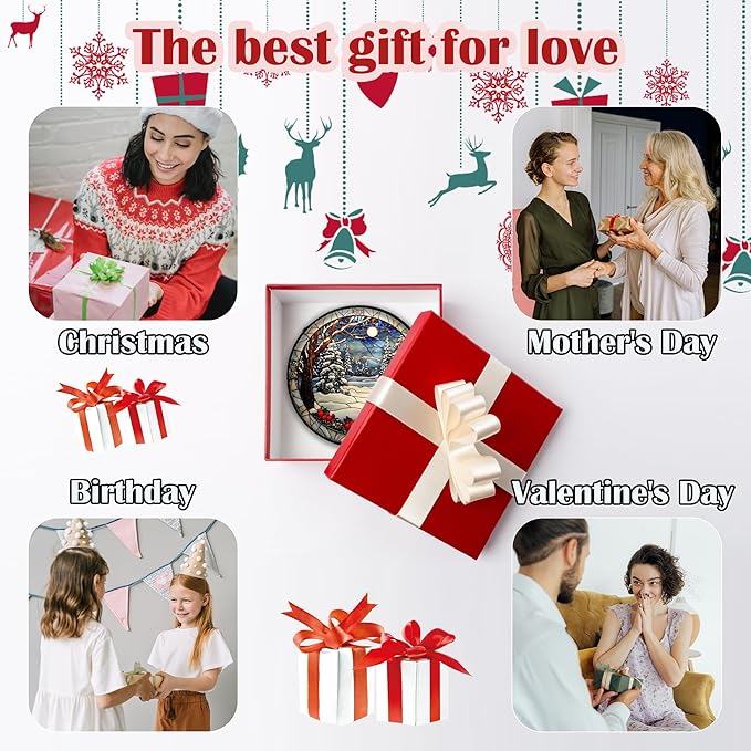 Stained Glass Window Hanging Christmas Tree Winter Snow Night Scenery Large 11.8" - Suncatcher Door Garden Kitchen Sun Catcher Home Decor Birthday for Mom Men Woman Friend