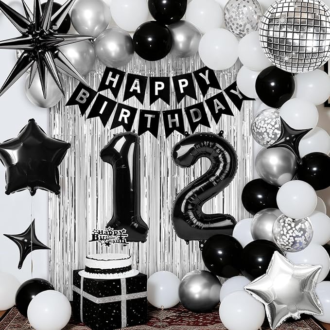 12th Birthday Decorations for Boys Girls, Black Silver Happy Birthday Party Decorations， 12 Year Old Party Supplies with Number 12 Balloons, Banner, Fringe Curtains Kit