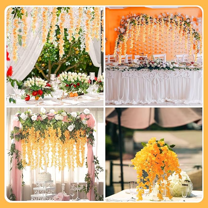 12 Pack Orange Wisteria Hanging Flowers Garland, 3.77 Feet Artificial Flower Vines, Fake Wisteria, Artificial Vines Hanging Garland for Backdrop Outdoor Yard Garden Decor
