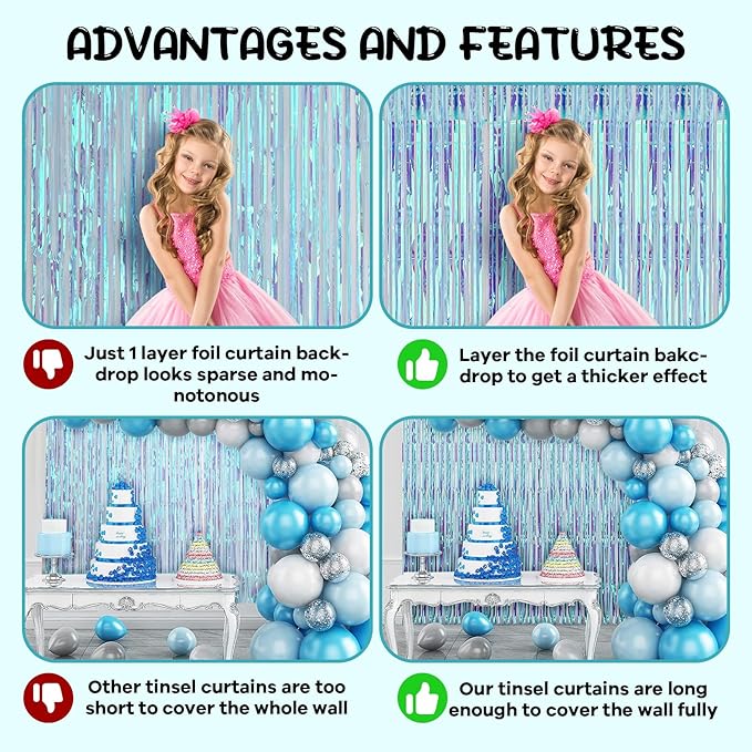 4 Pack 3.3x8.2 Feet Neon Iridescent Foil Fringe Backdrop Curtains, Tinsel Streamers Birthday Party Decorations, Fringe Backdrop for Graduation, Baby Shower, Gender Reveal, Disco Party