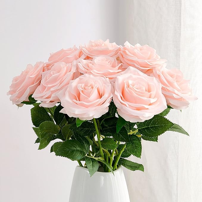 Artificial Rose 10pcs Open Flower Bouquet Faux Rose Stems for Wedding Arrangement, Bridal Bouquet, Centerpiece, Fake Faux Silk Flowers (Blush)