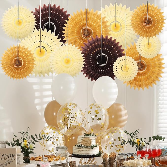Outus 12 Pcs Hanging Honeycomb Paper Fans Sets, Fiesta Brown and Beige Party Decorations, Tissue Paper Flowers Supplies for Birthday Wall Classroom Wedding Bridal Photo Backdrop (14/8/6 Inch)