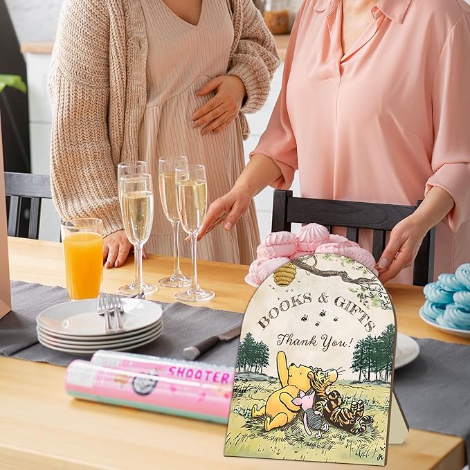 Winnie Books and Gifts Sign, Classic Winnie Thank You Wooden Sign, Bridal Shower Baby Shower Favors, Cute Aniamls Decor Thank You Sign with Stand for Baby Shower Party 8 * 10IN