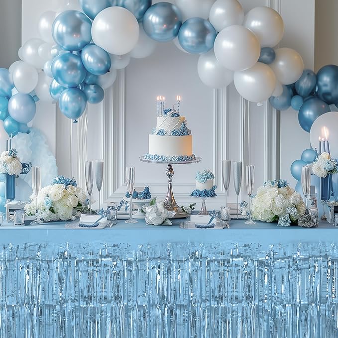 8 Pack Light Blue Table Skirts, 29x108" Metallic Foil Tinsel Fringe Table Skirts for Rectangle Tables Streamer Curtains Backdrop, Party Decorations for Birthdays Weddings Holidays