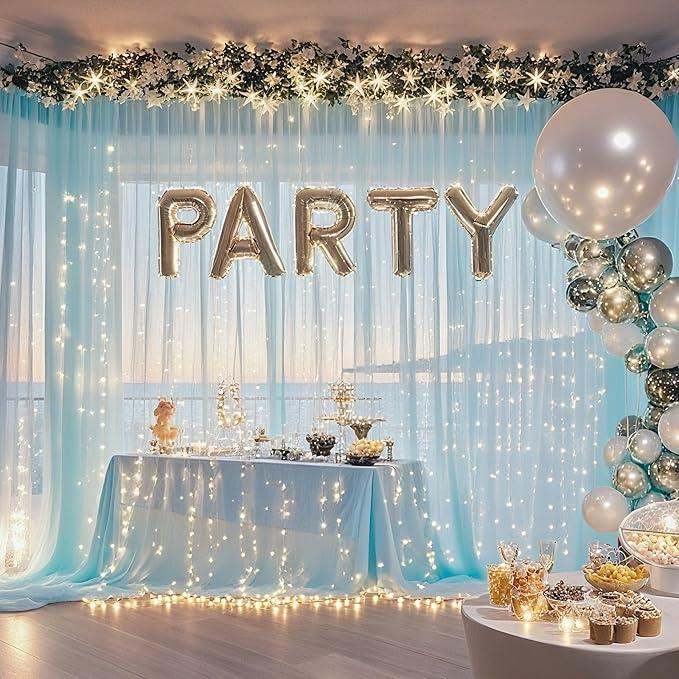 10×8ft Tulle Backdrop Curtains with Lights String - 300LED Fairy Lights Sheer Curtain Backdrop for Weddings Baby Shower and Birthday Party Decorations(4 Panels 5×8ft)