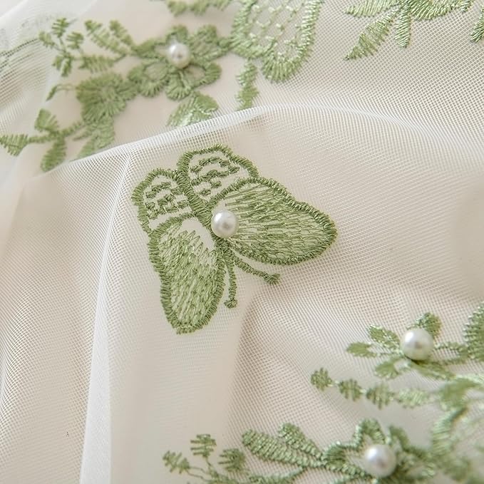 VISIONTEX White Sheer Voile Curtains, Decorative Green Embossed Butterflies Rod Pocket Window Drapes for Home Kitchen, Living Room and Bedroom 54 x 95 Inch, Set of 2 Curtain Panels