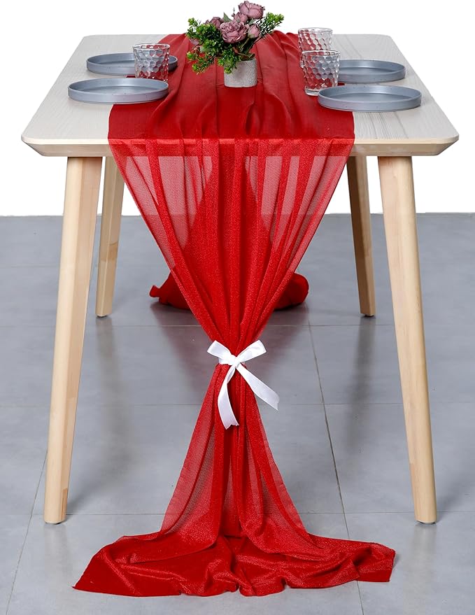 MDS Halloween Chiffon Table Runner - 15 Pack, 29 x 120 Inches, 10ft Each - Sheer Spooky Table Runners for Haunted House Parties, Trick-or-Treat Tables, Witchy Décor, Wedding & Events - Red
