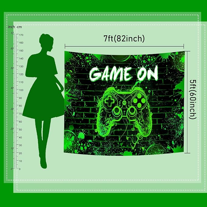 Mocsicka Game On Backdrop Video Game for Boys Level Up Birthday Party Decoration Game Night Arcade Neon Glow Gamer Banner Photography Background (Green, 6x4ft(72"x48"))