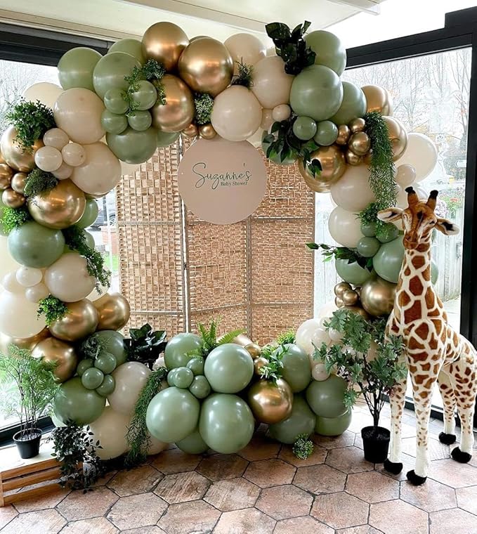 Sage Green White Sand Balloon Arch Kit, Green Beige Gold Metallic Balloons Garland Kit with Gold Confetti Balloons for Birthday Wedding Bridal Shower Bachelorette Party Decorations