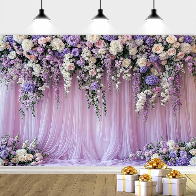 15x10ft Purple Lavender Floral Bridal Backdrop Wedding Flower Photography Backdrop for Girl Portrait Baby Shower Birthday Party Decor Banner Mother's Day Party Wall Backdrop Studio Photo Backgrounds