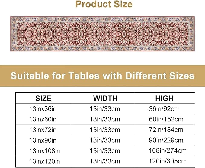 Boho Bohemia Style Table Runner, Vintage Red Blue Retro Flower Rustic Country Style Floral Print Pattern for Home Kitchen Table Decor Dining Coffee Room Garden Party Decor 13x108in