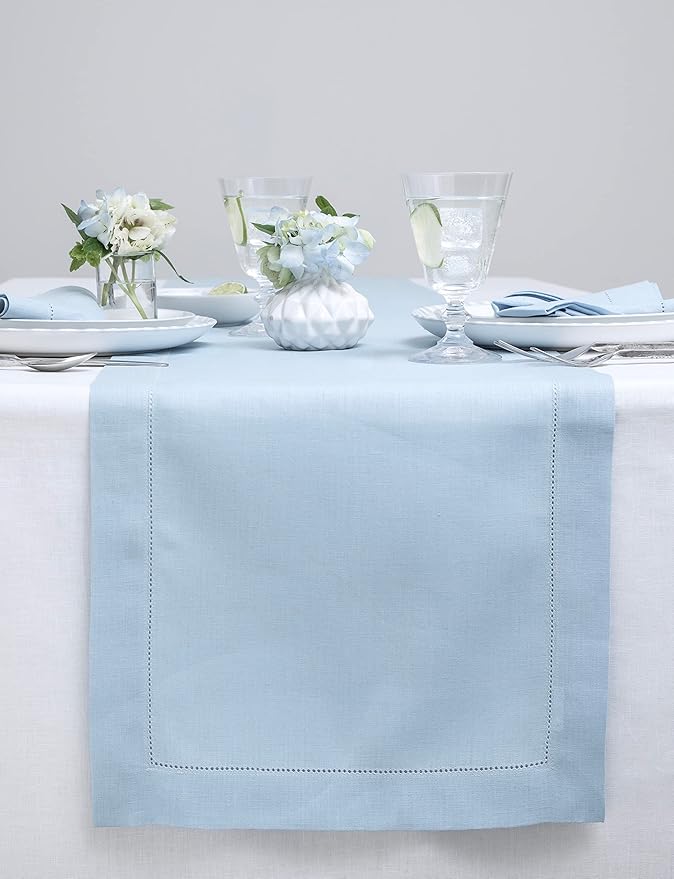 Solino Home Linen Sky Blue Table Runner 120 Inches Long - 100% Pure Linen Hemstitch 14 x 120 Inch Table Runner for Dining, Holiday - Classic Hemstitch