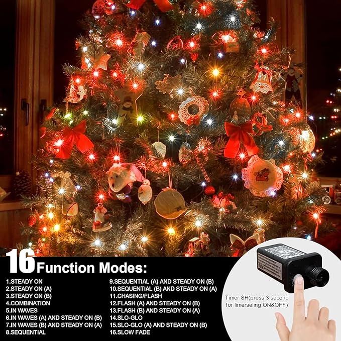 LAMPHOME 66ft Christmas Decorative Mini Lights, 200 LED Transparent Wire Fairy Starry String Lights Plug in, 12 Lighting Modes for Outdoor Xmas Tree Wedding Party Decoration (White and Multicolor)