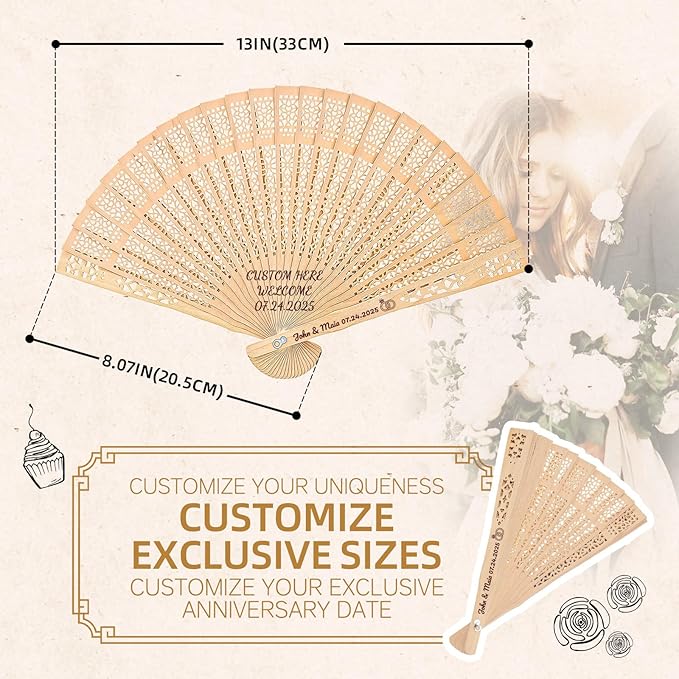 200pcs Personalized Wedding Fans for Guests - Custom Wooden Hand Fans with Names/Dates - Bulk Wedding Favors for Bridal Shower, Baby Shower & Parties (Wood, 200pcs)