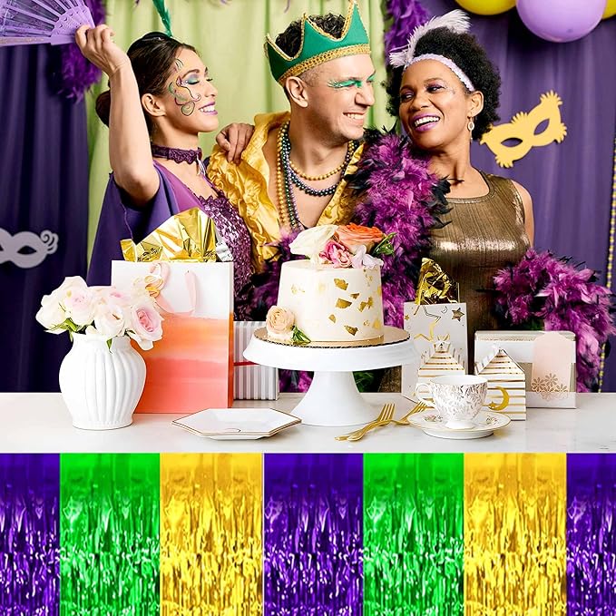 3 Pack Gold Green Purple Foil Fringe Table Skirts Metallic Tinsel Streamers Garland Banner Backdrop for Table Decor, Parade Float, Birthday, Wedding, Halloween, Christmas Party Decorations(29x108 In)