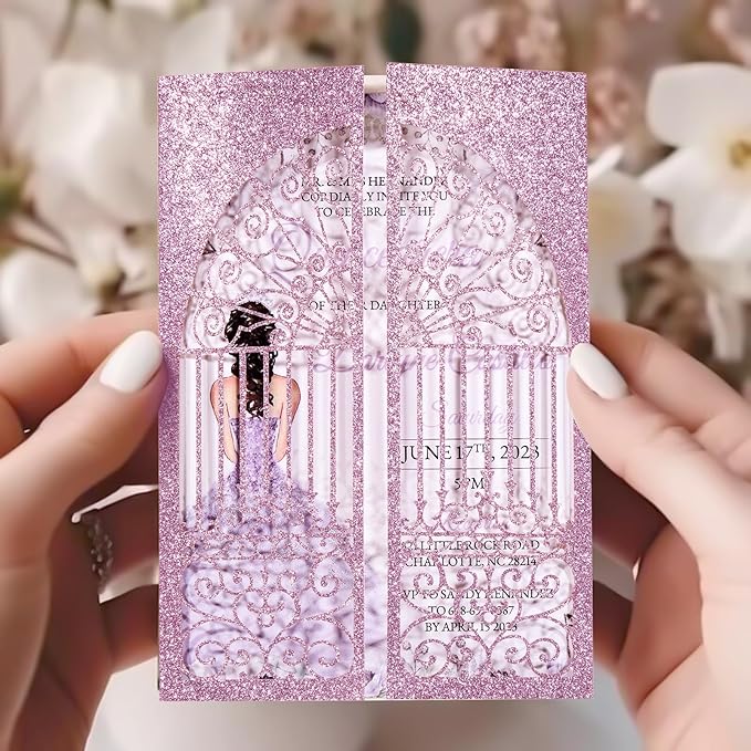 Personalized Wedding Invitations with Envelopes and RSVP Cards Blank 25pcs Light Purple Glitter Laser Cut Invitation Pockets for Wedding Bridal Shower Birthday Quinceañera Anniversary
