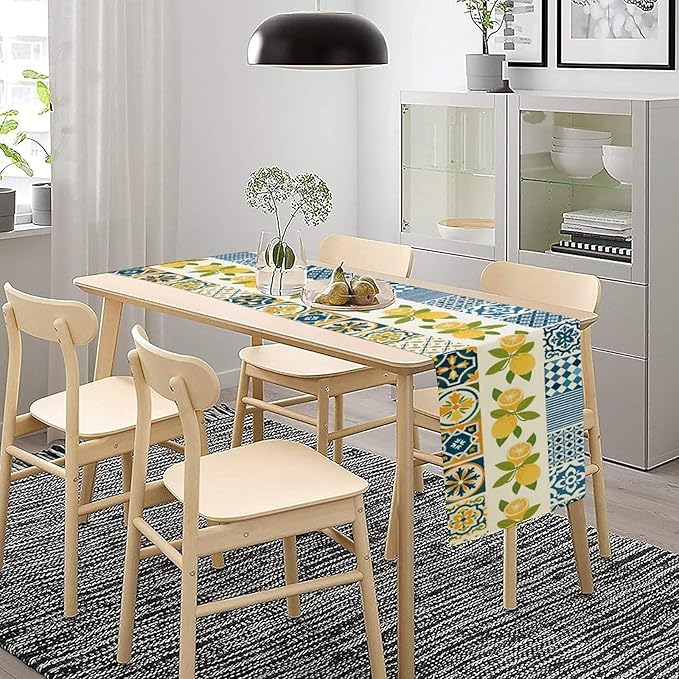 Lemon Table Runner,Watercolor Blue Fruits Green Leaves Print Table Cloth Kitchen Dining Table Home Party Decoration 13x60 Inch