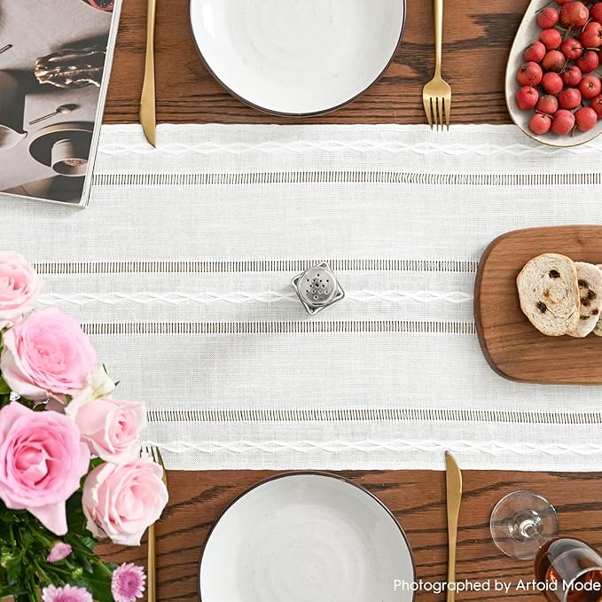 Artoid Mode Rustic Cotton Linen Table Runner, Seasonal Embroidered Hollow Kitchen Dining Table Decoration for Home Party Decor 13x90 Inch