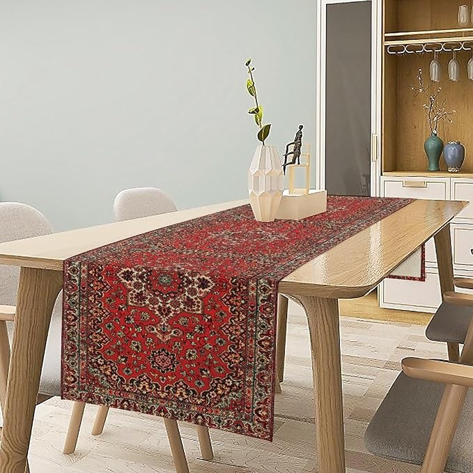 Vintage Boho Floral Table Runner, Rustic Country Farmhouse Red Black Retro Flower Pattern for Home Kitchen Table Decor Dining Coffee Room Party Decor 13x36in